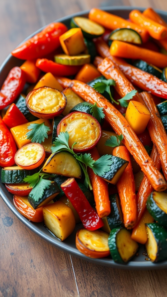 A colorful assortment of roasted bell peppers, zucchini, and carrots on a wooden platter, garnished with parsley.